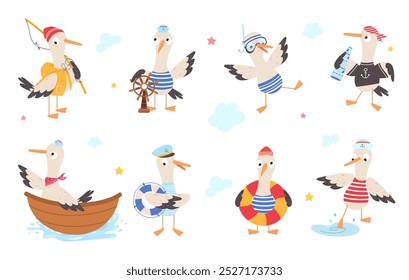 Gaivota dos desenhos animados. Gaivotas engraçadas marinheiros e capitães, flutuando em barco, segurando boia salva-vidas e telescópio. Caracteres isolados de ave do mar, conjunto vetorial atual