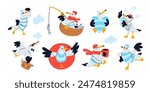 Cartoon seagull. Marine bird. Different poses and actions. Seabird in vest and hat. Ocean mascot in sailor costume. Sea fly animal fishing at boat. Happy water character