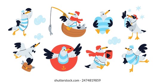 Gaviota de dibujos animados. Pájaro marino. Diferentes poses y acciones. Pájaro marino en chaleco y sombrero. Mascota del océano en traje de marinero. Pesca de animales con mosca marina en el barco. Personaje de agua feliz