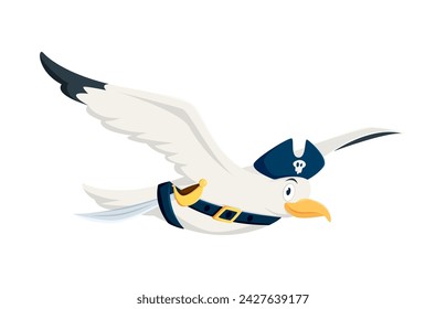 Caricatura gaviota pirata corsario animal personaje. Personaje aislado del filibustero del pájaro de la gaviota del vector que lleva un sombrero de tricornio clásico, se eleva a través del cielo, alas extendidas, una sepia cuelga en su cinturón