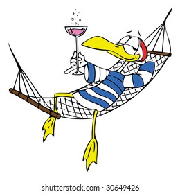 Cartoon Seagull resting on a hammock, drinking his cocktail and relaxing.