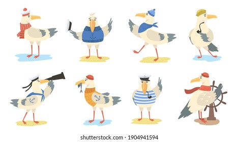 Cartoon seagull set. Different actions of bird wearing sailor costumes and hats. Vector illustration for cartoon gull, marine character, sailing, travel concept