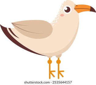 Gaivota de desenho animado em pé, mostrando sua asa marrom e bico laranja, isolado em um fundo branco, ideal para ilustrações de livros infantis