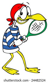 Cartoon Seagull standing with a tennis racket in his hands.