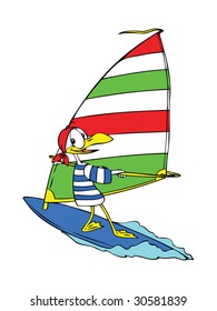 Cartoon seagull wind surfing happily on the sea.