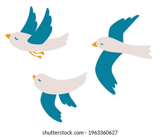 Cartoon seagulls set. Atlantic seabird flying on isolated white background. Birds icon. Sea, Ocean, Gull.