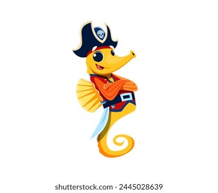 Cartoon seahorse animal pirate corsair character. Isolated vector plucky hippocampus underwater captain personage with tricorn hat, eye patch and cutlass, seeking treasures and adventure on sea bottom