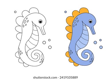 Cartoon seahorse coloring book page with colorful template. Cute colorig book. Underwater ocean life, marine animal. Funny seahorse isolated contour. Kids animals coloring book page. Vector 