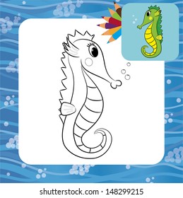 Cartoon seahorse. Coloring page. Vector illustration.