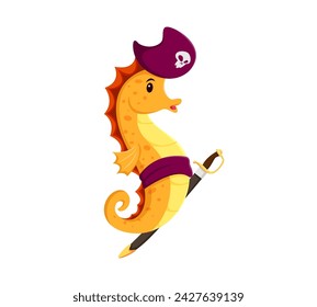 Caricatura caballo de mar pirata animal personaje. Vector aislado de personaje de hipocampo valiente con un sombrero de tricornio y una seta, navegando las olas, buscando tesoros submarinos y aventuras en el fondo del mar