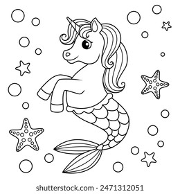 Cartoon seahorse unicorn. Black and white vector illustration for coloring book