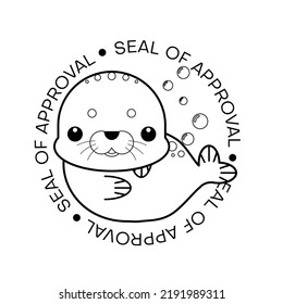Cartoon seal of approval coloring Page for kids. Vector black line illustration. 