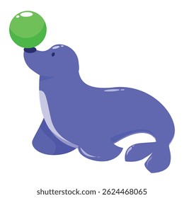 Cartoon seal balancing a green ball on its nose