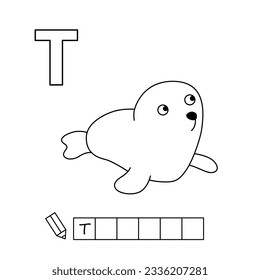 Cartoon seal coloring pages. Learning game for small children - write a word in Russian language. Vector alphabet for kids