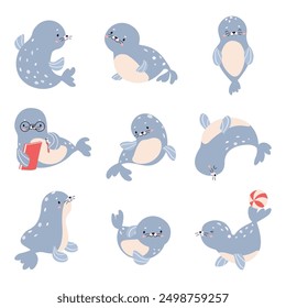 Cartoon seal. Cute baby seals reading swimming playing sleeping. Funny sea ocean mammals, children mascots and aquarium animals nowaday vector set