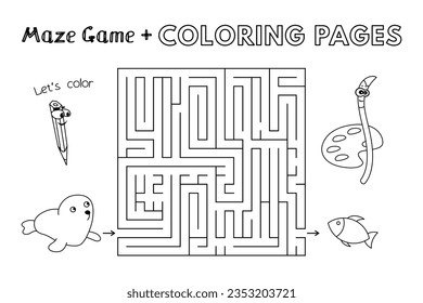 Cartoon seal maze game. Vector coloring book pages for children