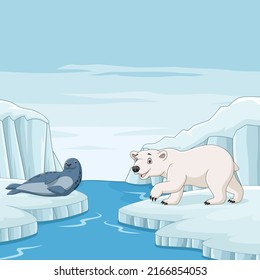 Sello de caricatura con oso polar en fondo ártico