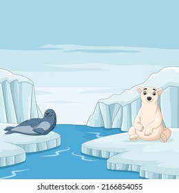 Cartoon seal with polar bear in arctic background