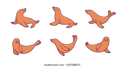 Cartoon seal sketch line icon. Cute animals icons set. Childish vector print for nursery, kids apparel, poster, postcard, pattern.