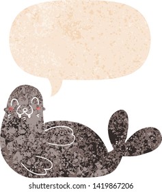 cartoon seal with speech bubble in grunge distressed retro textured style
