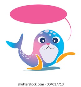 Cartoon Seal with speech bubble silhouettes. Cute Seal. Blue spotted walrus baby.Vector illustration of sea animal. Comic bubble as frame for your text.  Eps 10. On white.