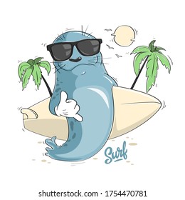 Cartoon seal with surf board and sunglasses, aloha vector design