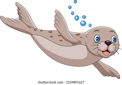 Cartoon seal swimming on white background