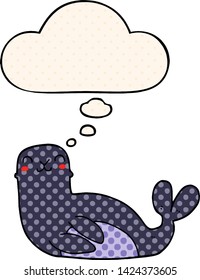 cartoon seal with thought bubble in comic book style