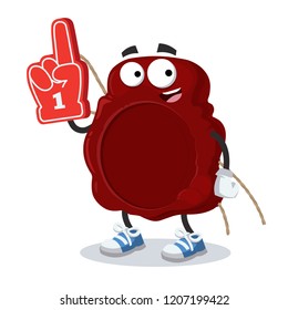 cartoon seal wax stamp character mascot with the number 1 one sports fan hand glove on a white background