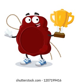 cartoon seal wax stamp mascot holds the number one cup on white background