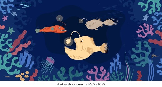 Cartoon sealife illustration of three fishes undersea sourrended by colorful corlas