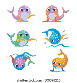Cartoon Seals silhouettes. 6 cute seals baby playing and swimming. Cheerful  sea life icon set. Vector illustration of sea animal. Isolated on white. Eps 10. 