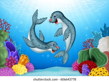 Cartoon seals with under water background