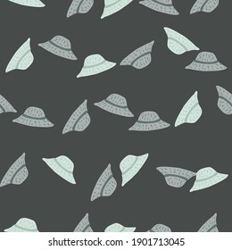Cartoon seamless accessory pattern with simple panamas print. Dark grey background. Doodle backdrop. Graphic design for wrapping paper and fabric textures. Vector Illustration.