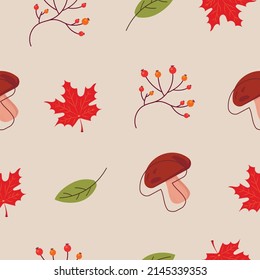 Cartoon nahtloses Herbstmuster mit Pilz- und Blattmuster