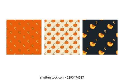 Cartoon seamless autumn pattern pumpkin for decoration design. Plant floral design. Green color background. Natural pattern. Vector design. Floral pattern element. Tropical seamless pattern.