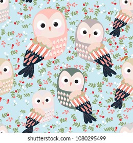Cartoon seamless baby owl bird pattern on cherry berry flower forest,illustration vector by freehand doodle comic art