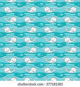 Cartoon seamless baby pattern with blue smiling whales with waves for childish wallpapers. Vector doodle illustration. Marine background for children. Baby shower nautical design.