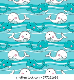 Cartoon seamless baby pattern with blue smiling whales with waves for childish wallpapers. Vector doodle illustration. Marine background for children. Baby shower nautical design.