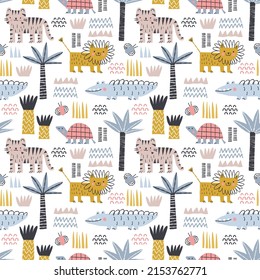Cartoon seamless background with African animals and plants. Pattern with tigers, lions, crocodiles, turtles, palm trees in a trendy style.