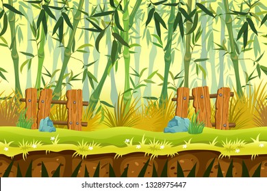 Cartoon seamless background bamboo forest. Template landscape decorated fence and leaves for computer games. Vector illustration.