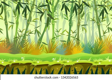 Cartoon seamless background bamboo forest. Template landscape with leaves for computer games. Vector illustration. 