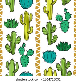 Cartoon seamless background with cactus pattern colored or black and white.