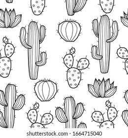 Cartoon seamless background with cactus pattern colored or black and white.
