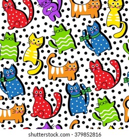 Cartoon seamless background with cute cats and black circles on a white background
