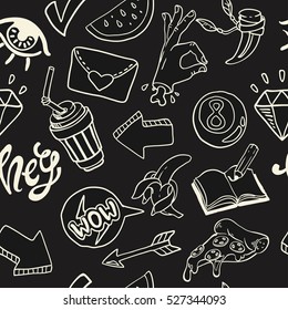 cartoon seamless background with funny stickers in comic style in dark palette, pattern inshalk board