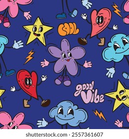 Cartoon seamless background with heart, flower, star. Groovy Background for children's textiles, wrapping paper, and more. Girlish print