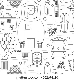 Cartoon seamless beekeeping pattern with bees, honeycomb, protection clothes, tools and beehives in line style. Vector illustration.