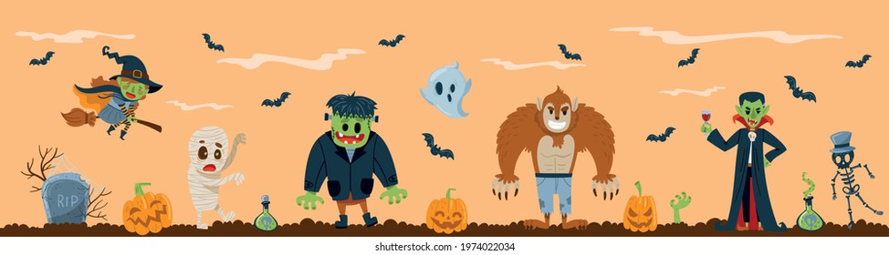 Cartoon seamless border with Dracula, skeleton, witch and ghost. Sunset. Orange background. Gloom. Vector illustration