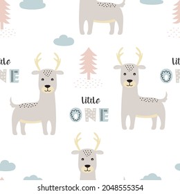 cartoon seamless childish pattern of cute deer with clouds, lettering and trees, creative texture for fabric, textile, wallpaper, apparel, illustration in scandinavian style, animals background
